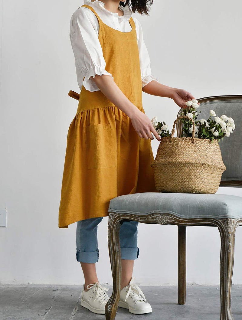 NEWGEM Cotton Linen Cross Back Apron for Women with Pockets for Painting Gardening Yellow with Waist Ties - Image 3